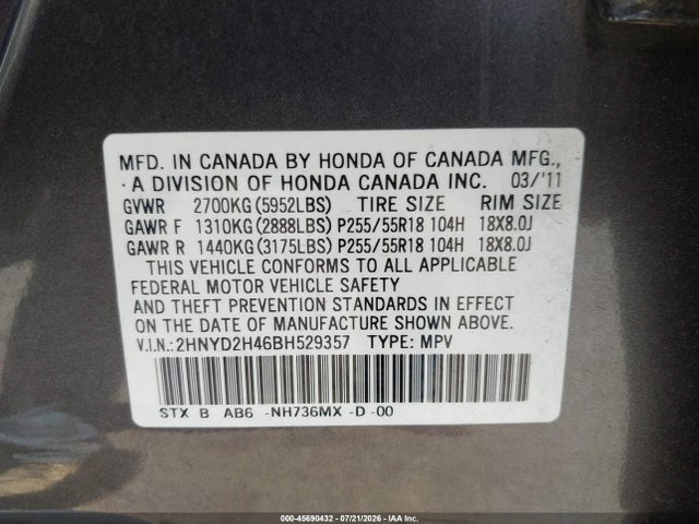Продаж на аукціоні авто 2011 Acura Mdx Technology Package, vin: 2HNYD2H46BH529357, номер лоту: 45690432