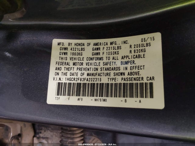 Honda Accord Ex-l 2015 1HGCR2F83FA202315 Image 9