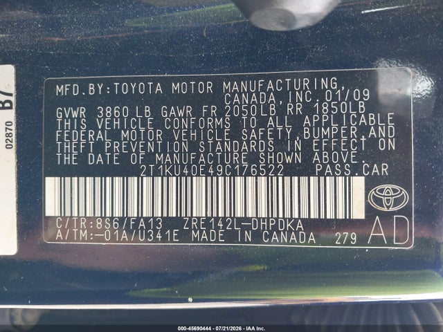 2009 Toyota Matrix მანქანა იყიდება აუქციონზე, vin: 2T1KU40E49C176522, აუქციონის ნომერი: 45690444