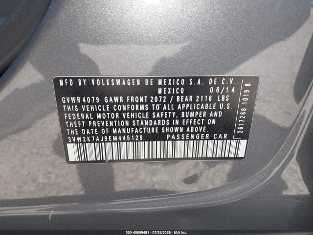 45690451 :رقم المزاد ، 3VW2K7AJ9EM445129 vin ، 2014 Volkswagen Jetta 2.0l S مزاد بيع