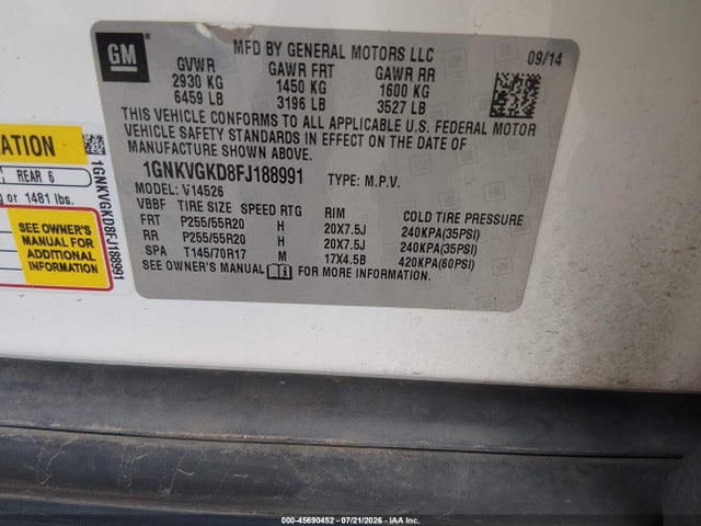 Chevrolet Traverse Lt 2015 1GNKVGKD8FJ188991 Image 9