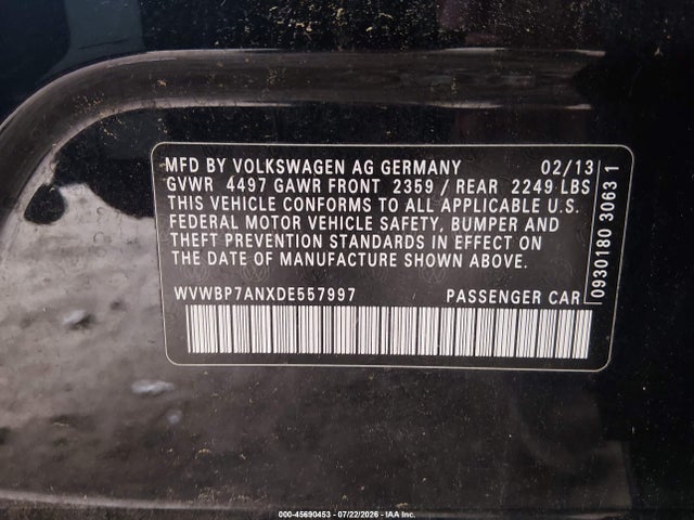 45690453 :رقم المزاد ، WVWBP7ANXDE557997 vin ، 2013 Volkswagen Cc 2.0t Sport مزاد بيع