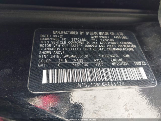 JN1BJ1AW6MW665120 Nissan Rogue Sport S Awd Xtronic Cvt