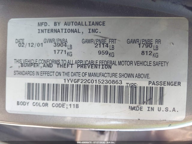 Aukcja sprzedaży 2001 Mazda 626 Es/lx, vin: 1YVGF22C015230863, numer aukcji: 45690470