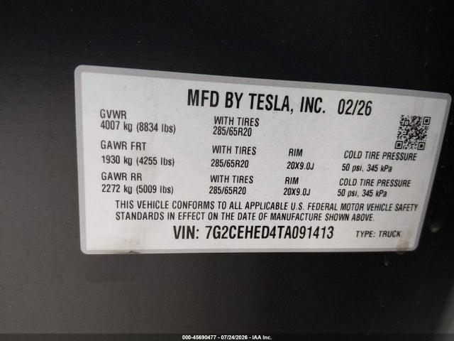 7G2CEHED4TA091413 Tesla Cybertruck Dual Motor All-wheel Drive/premium All-wheel Drive