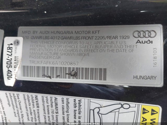 45690481 :رقم المزاد ، TRUKFAFK6A1020857 vin ، 2010 Audi Tt 2.0t Premium مزاد بيع