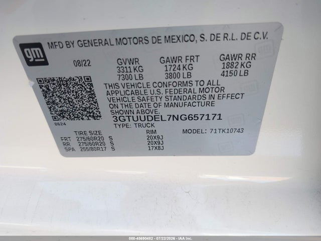 Aukcja sprzedaży 2022 Gmc Sierra 1500 4wd  Standard Box Slt, vin: 3GTUUDEL7NG657171, numer aukcji: 45690482