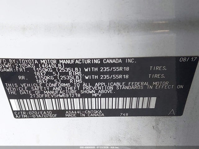 2T3DFREV5HW691218 Toyota Rav4 Limited