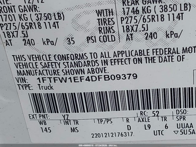 2013 Ford F-150 Xlt მანქანა იყიდება აუქციონზე, vin: 1FTFW1EF4DFB09379, აუქციონის ნომერი: 45690518