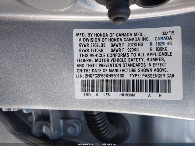 Honda Civic Lx 2019 2HGFC2F69KH550130 Image 9