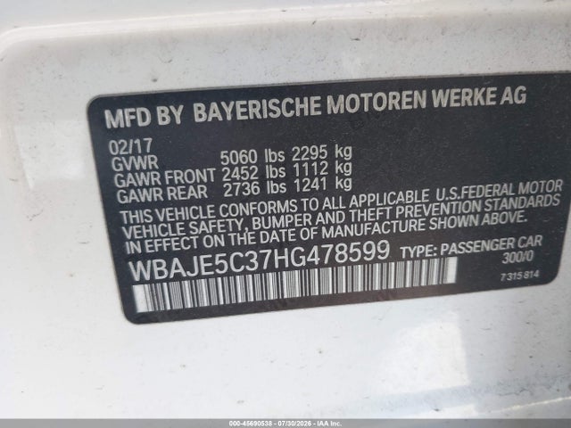 Aukcja sprzedaży 2017 Bmw 540i, vin: WBAJE5C37HG478599, numer aukcji: 45690538