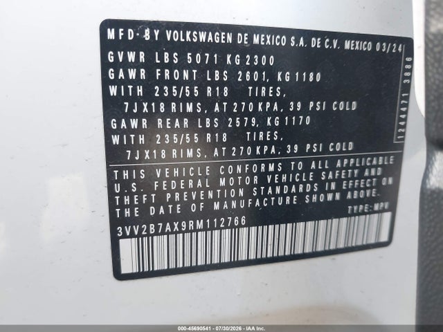 Продаж на аукціоні авто 2024 Volkswagen Tiguan 2.0t Se/2.0t Wolfsburg Edition, vin: 3VV2B7AX9RM112766, номер лоту: 45690541