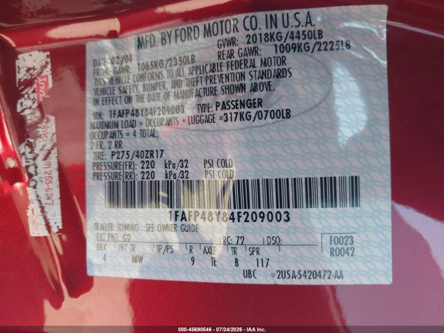 45690546 :رقم المزاد ، 1FAFP48Y84F209003 vin ، 2004 Ford Mustang Cobra مزاد بيع