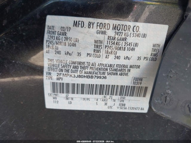 Ford EDGE SEL 2017 2FMPK3J80HBB79936 Image 9
