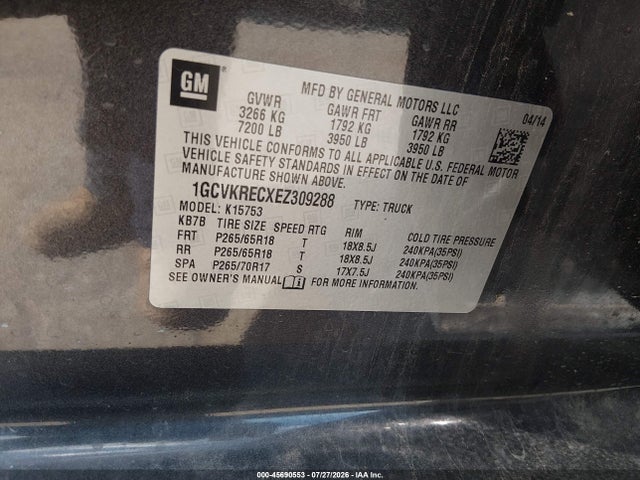 45690553 :رقم المزاد ، 1GCVKRECXEZ309288 vin ، 2014 Chevrolet Silverado 1500 2lt مزاد بيع