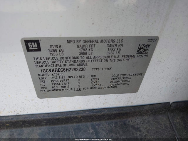 Продажа на аукционе авто 2017 Chevrolet Silverado 1500 Lt, vin: 1GCVKREC6HZ293238, номер лота: 45690558