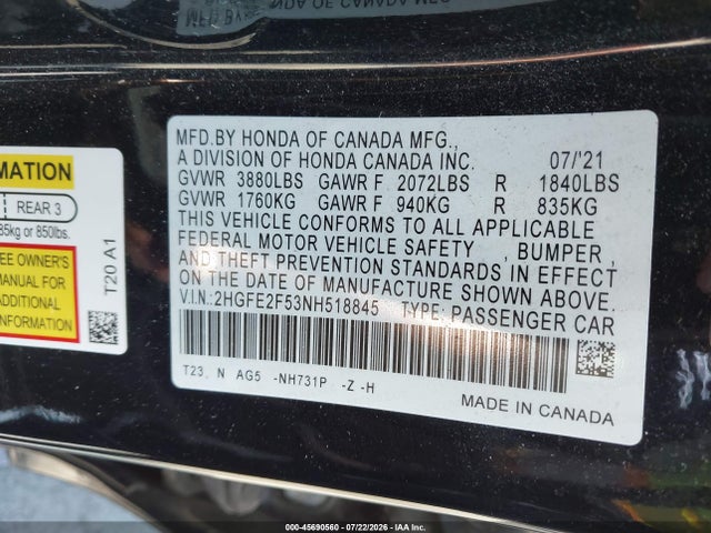 2HGFE2F53NH518845 Honda Civic Sport