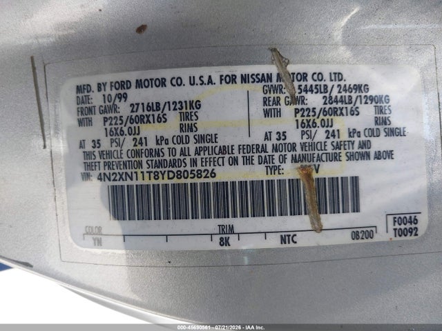 Продаж на аукціоні авто 2000 Nissan Quest Gle/gxe/se-cloth/se-leather, vin: 4N2XN11T8YD805826, номер лоту: 45690561