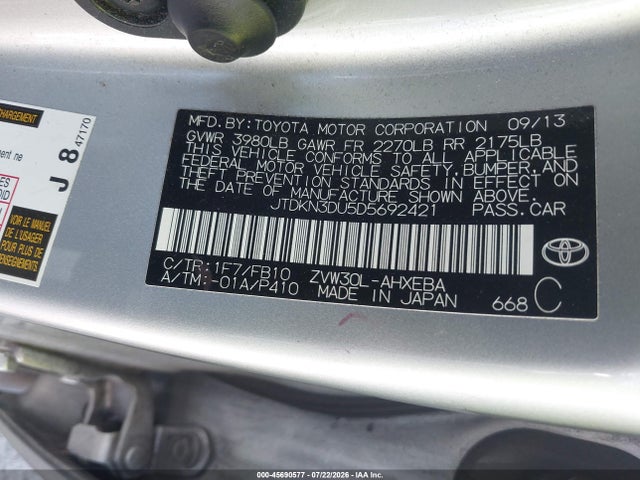 2013 Toyota Prius Three მანქანა იყიდება აუქციონზე, vin: JTDKN3DU5D5692421, აუქციონის ნომერი: 45690577