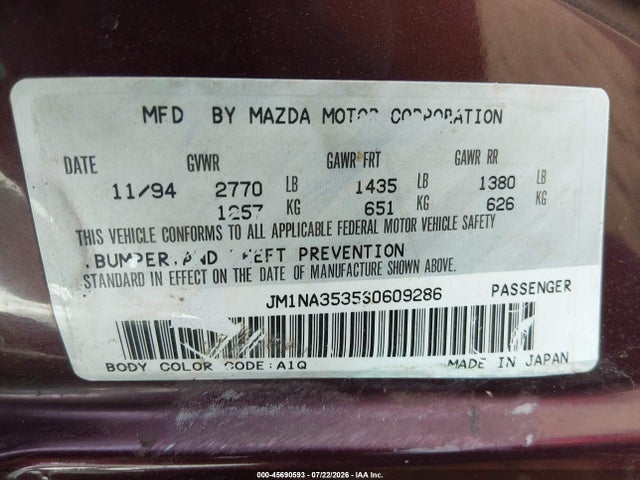 1995 Mazda Mx-5 Miata მანქანა იყიდება აუქციონზე, vin: JM1NA3535S0609286, აუქციონის ნომერი: 45690593