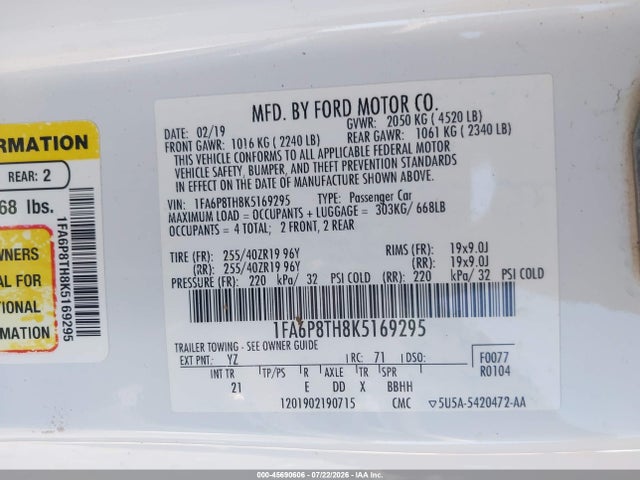 Ford Mustang Ecoboost 2019 1FA6P8TH8K5169295 Image 9