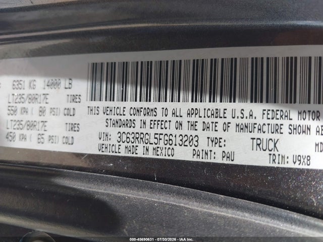 45690631 :رقم المزاد ، 3C63RRGL5FG613203 vin ، 2015 Ram 3500 Tradesman مزاد بيع