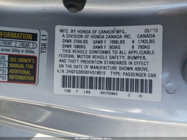 Honda Civic Lx 2015 2HGFG3B5XFH518915 Image 9