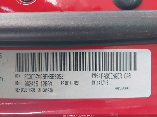 45690651 :رقم المزاد ، 2C3CDZAG9FH869092 vin ، 2015 Dodge Challenger Sxt مزاد بيع
