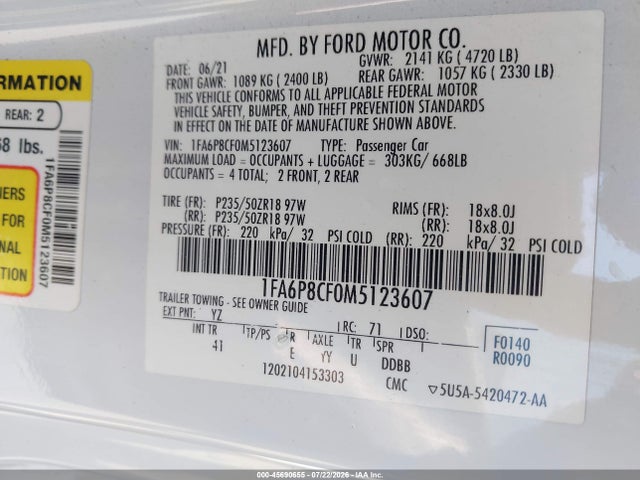 1FA6P8CF0M5123607 Ford Mustang Gt Premium Fastback