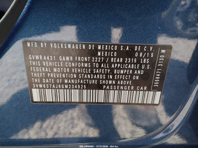 2016 Volkswagen Jetta Hybrid Sel Premium მანქანა იყიდება აუქციონზე, vin: 3VW637AJ6GM234925, აუქციონის ნომერი: 45690661
