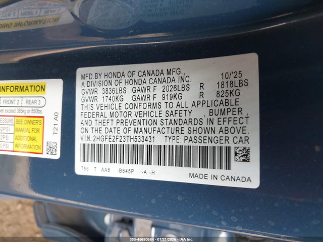 Honda Civic Lx 2026 2HGFE2F23TH533431 Image 9