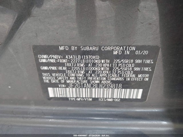 Aukcja sprzedaży 2020 Subaru Crosstrek Limited, vin: JF2GTANC8LH239818, numer aukcji: 45690667