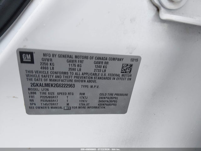 Продаж на аукціоні авто 2016 Gmc Terrain Sle-1, vin: 2GKALMEK2G6222963, номер лоту: 45690669