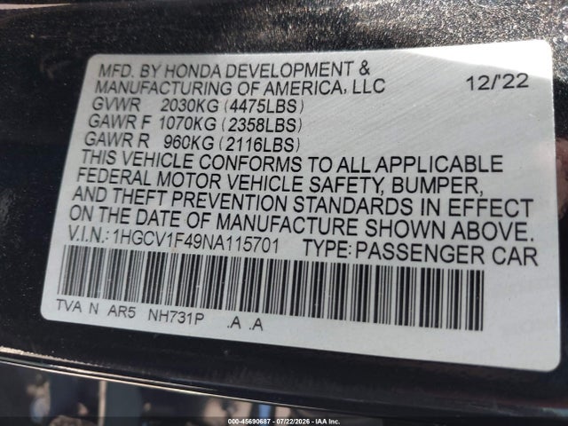 1HGCV1F49NA115701 Honda Accord Sport Special Edition