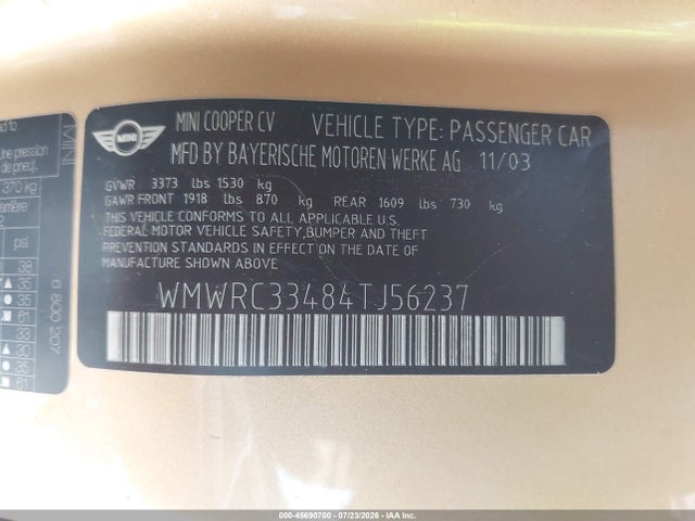 Продажа на аукционе авто 2004 Mini Cooper, vin: WMWRC33484TJ56237, номер лота: 45690700