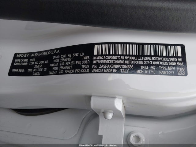Продаж на аукціоні авто 2023 Alfa Romeo Stelvio Veloce Awd, vin: ZASPAKBN9P7D64636, номер лоту: 45690711