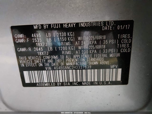 Продажа на аукционе авто 2017 Subaru Outback 2.5i Limited, vin: 4S4BSANC2H3327839, номер лота: 45690720