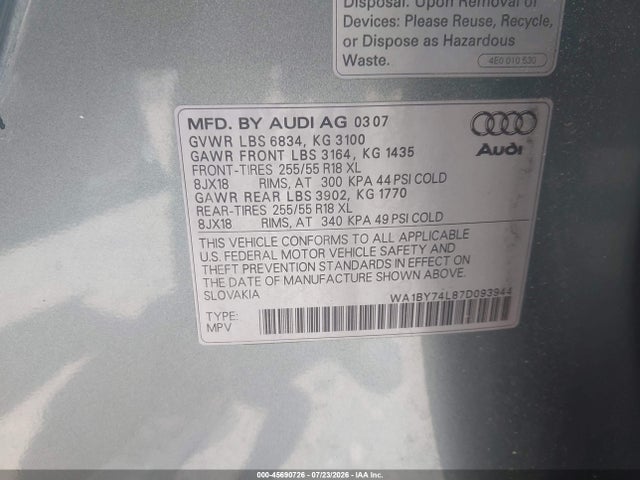 Продажа на аукционе авто 2007 Audi Q7 3.6 Premium, vin: WA1BY74L87D093944, номер лота: 45690726