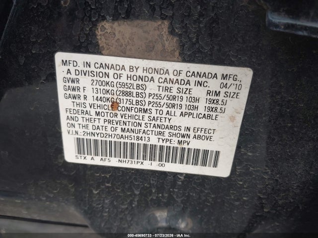 Продаж на аукціоні авто 2010 Acura Mdx Advance Package, vin: 2HNYD2H70AH518413, номер лоту: 45690733