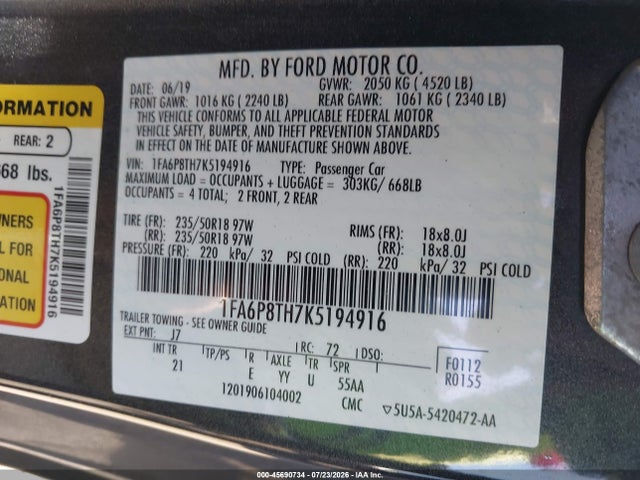 Ford Mustang Ecoboost 2019 1FA6P8TH7K5194916 Image 9