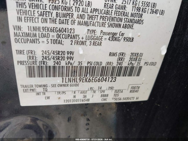 2014 Lincoln Mks მანქანა იყიდება აუქციონზე, vin: 1LNHL9EK6EG604123, აუქციონის ნომერი: 45690735