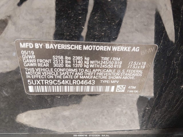 2019 Bmw X3 Xdrive30i მანქანა იყიდება აუქციონზე, vin: 5UXTR9C54KLR04643, აუქციონის ნომერი: 45690746