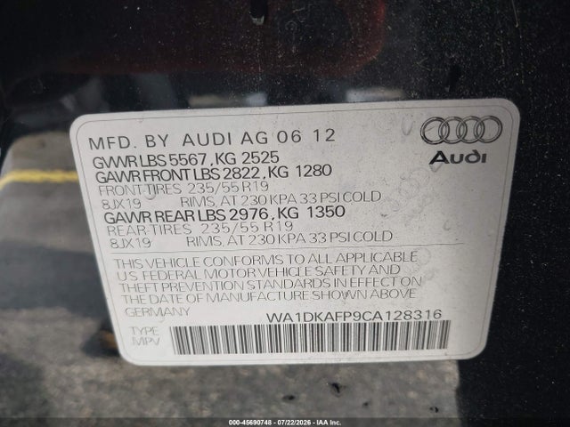 45690748 :رقم المزاد ، WA1DKAFP9CA128316 vin ، 2012 Audi Q5 3.2 Premium Plus مزاد بيع