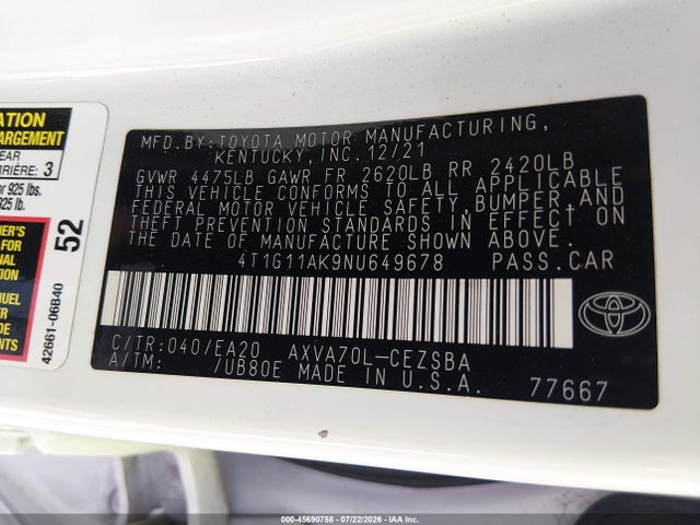 4T1G11AK9NU649678 Toyota CAMRY SE