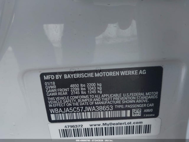 45690760 :رقم المزاد ، WBAJA5C57JWA38653 vin ، 2018 Bmw 530i مزاد بيع