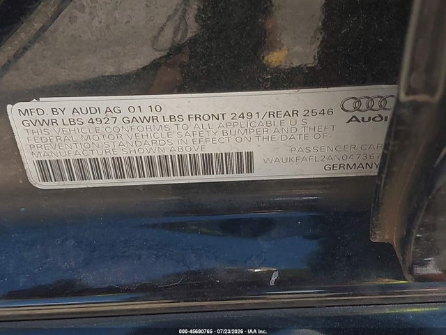 2010 Audi A4 2.0t Premium მანქანა იყიდება აუქციონზე, vin: WAUKFAFL2AN047367, აუქციონის ნომერი: 45690765