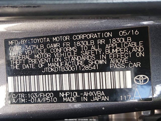 Toyota Prius C One 2016 JTDKDTB30G1128541 Image 9