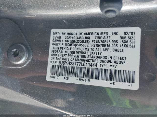 Auction sale of the 2007 Honda Element Ex, vin: 5J6YH28777L011444, lot number: 45690769