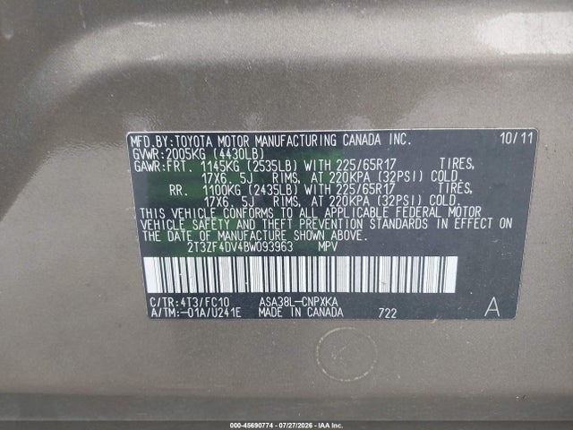 Продаж на аукціоні авто 2011 Toyota Rav4, vin: 2T3ZF4DV4BW093963, номер лоту: 45690774