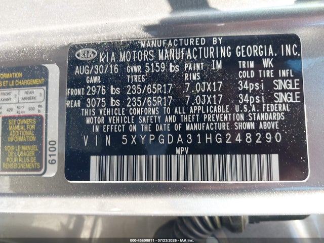 KIA Sorento 2.4l Lx 2017 5XYPGDA31HG248290 Image 9